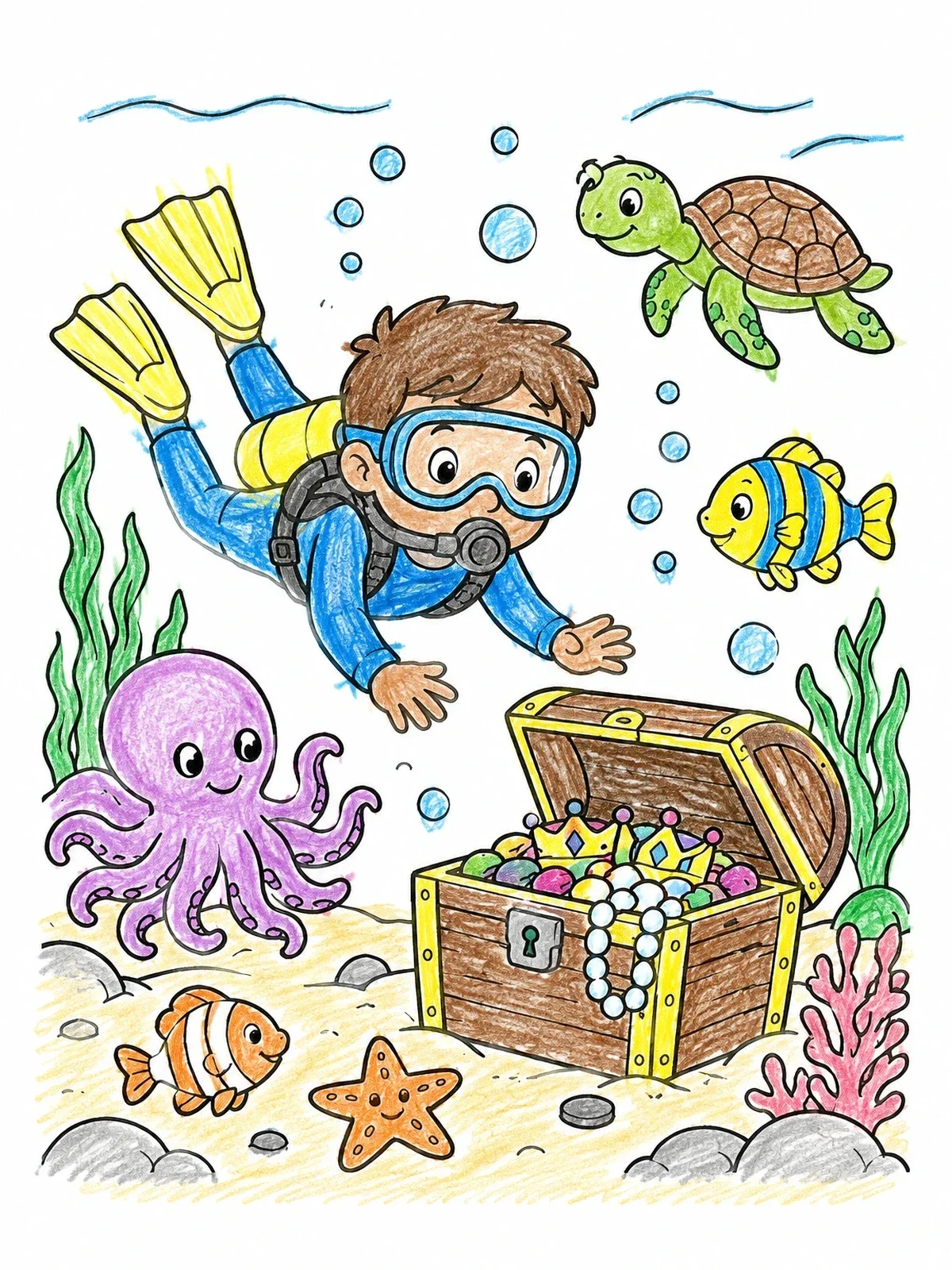 Colored example of the Kid Scuba Diver Finding Treasure coloring page