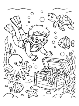 Free printable Kid Scuba Diver Finding Treasure coloring page