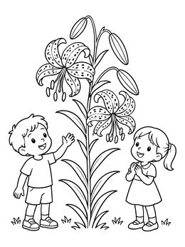 Free printable Kids Admiring A Tall Tiger Lily coloring page