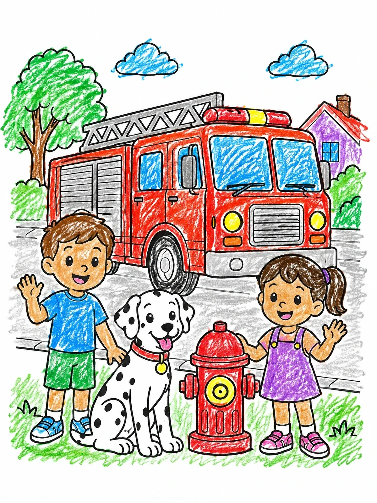 Colored example of the Kids And Dalmatian With Fire Truck coloring page