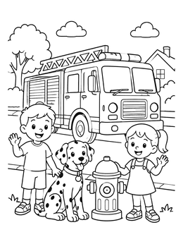 Kids and a spotted dog wave beside a hydrant in this fire truck coloring page.