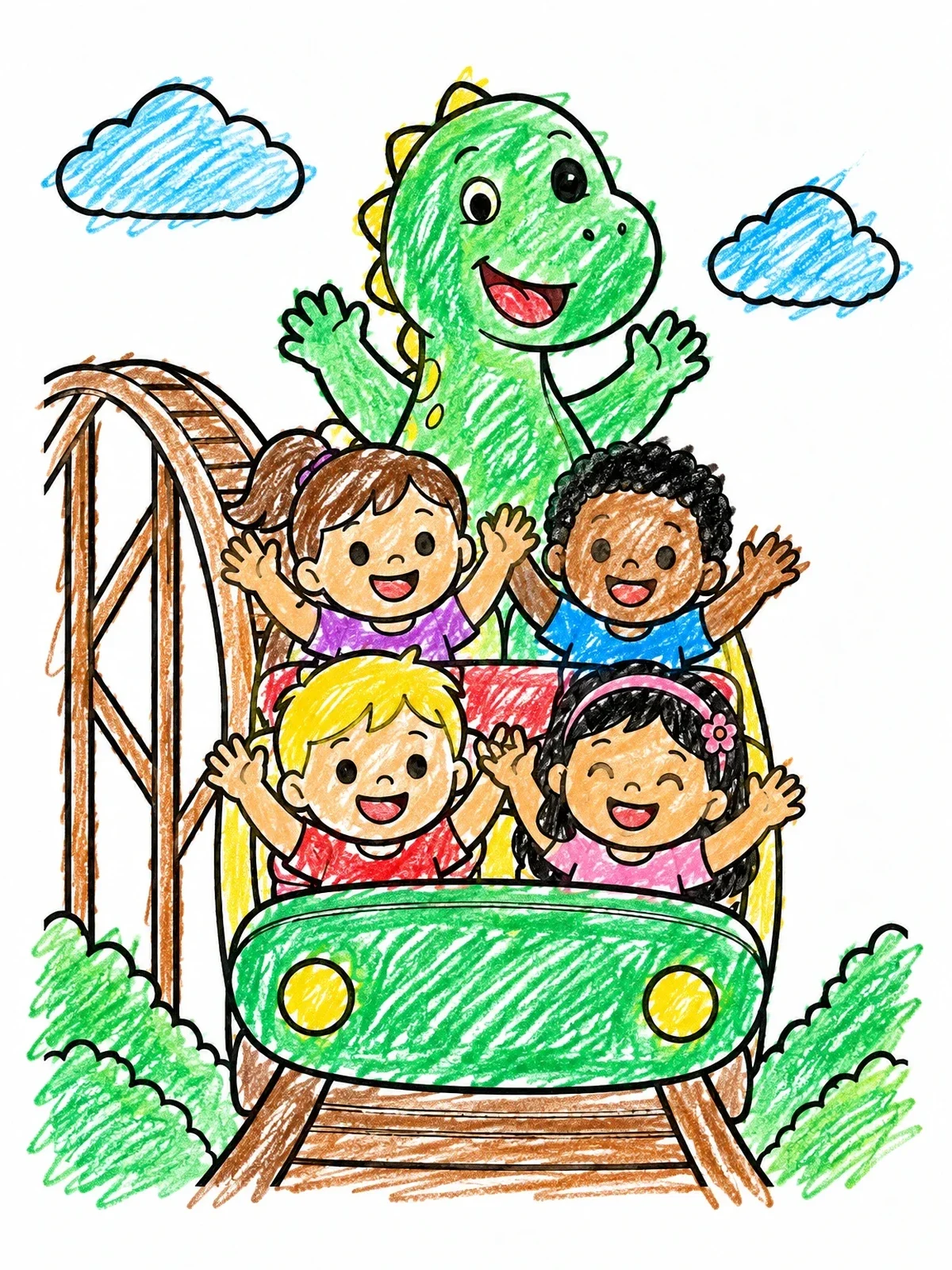 Colored example of the Kids And Dinosaur On A Roller Coaster coloring page