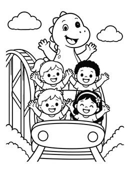 Free printable Kids And Dinosaur On A Roller Coaster coloring page