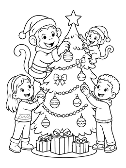 Free printable Kids And Monkeys Decorating The Tree coloring page