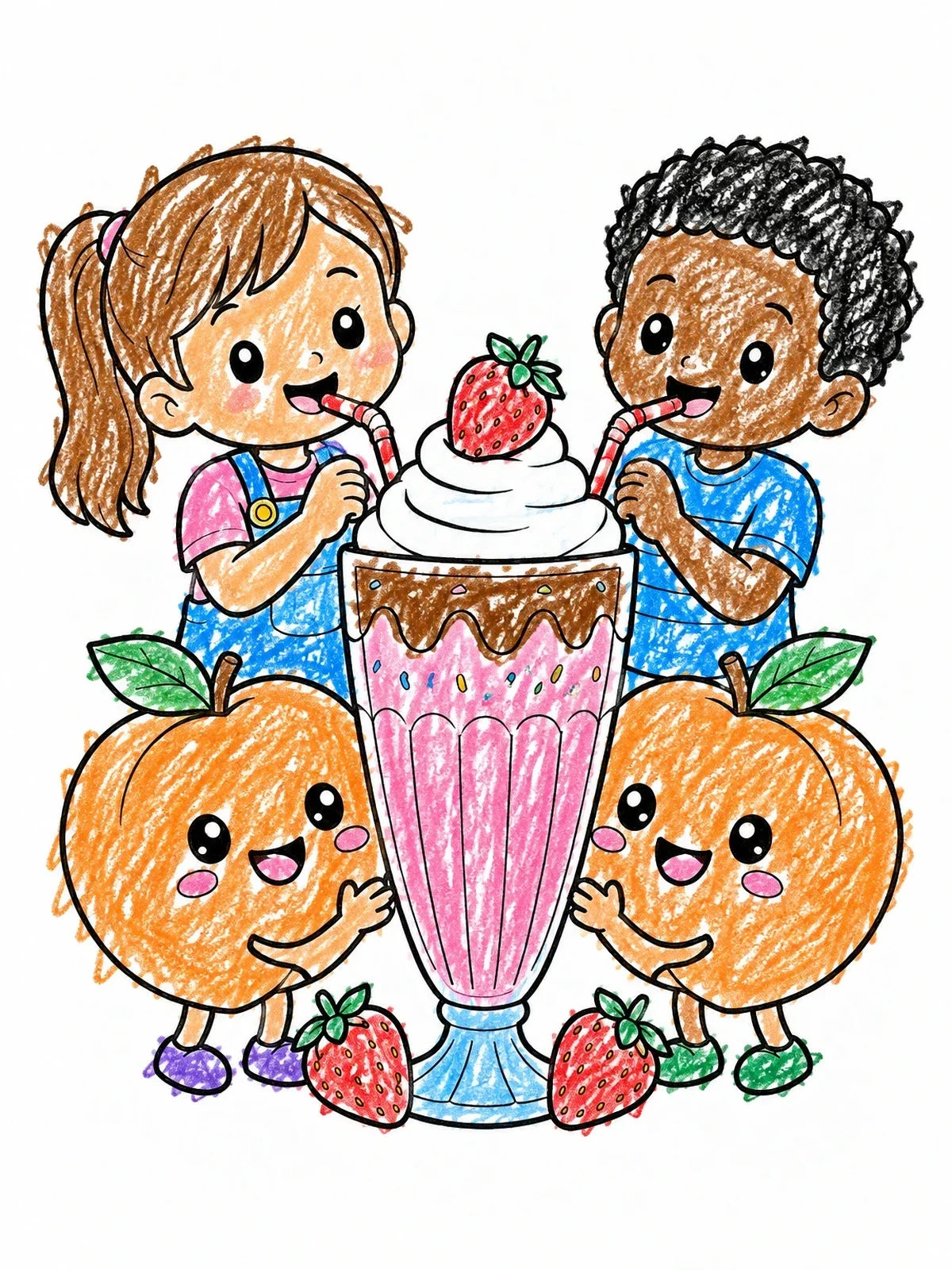 Colored example of the Kids And Cute Peaches Sharing Milkshake coloring page