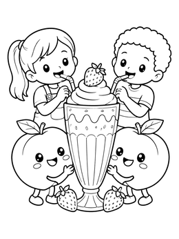 Free printable Kids And Cute Peaches Sharing Milkshake coloring page