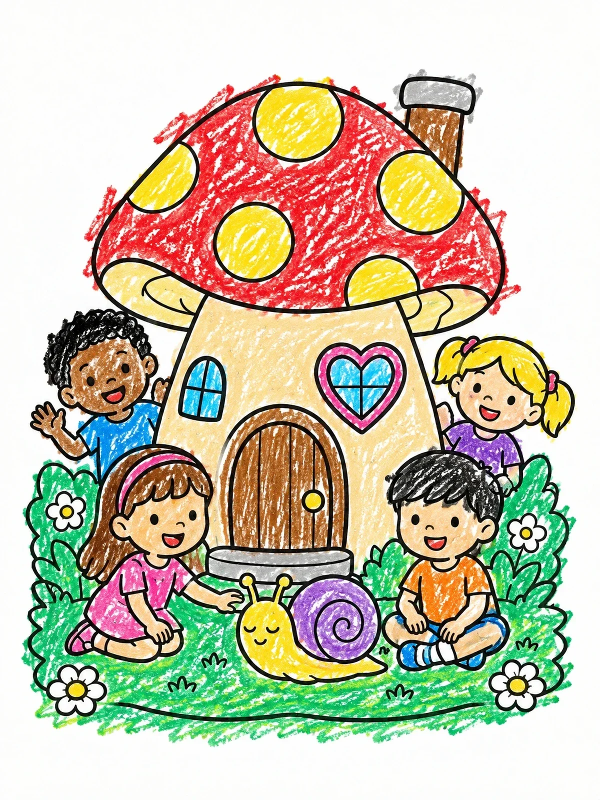 Colored example of the Children Around A Mushroom House coloring page