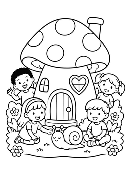 Free printable Children Around A Mushroom House coloring page