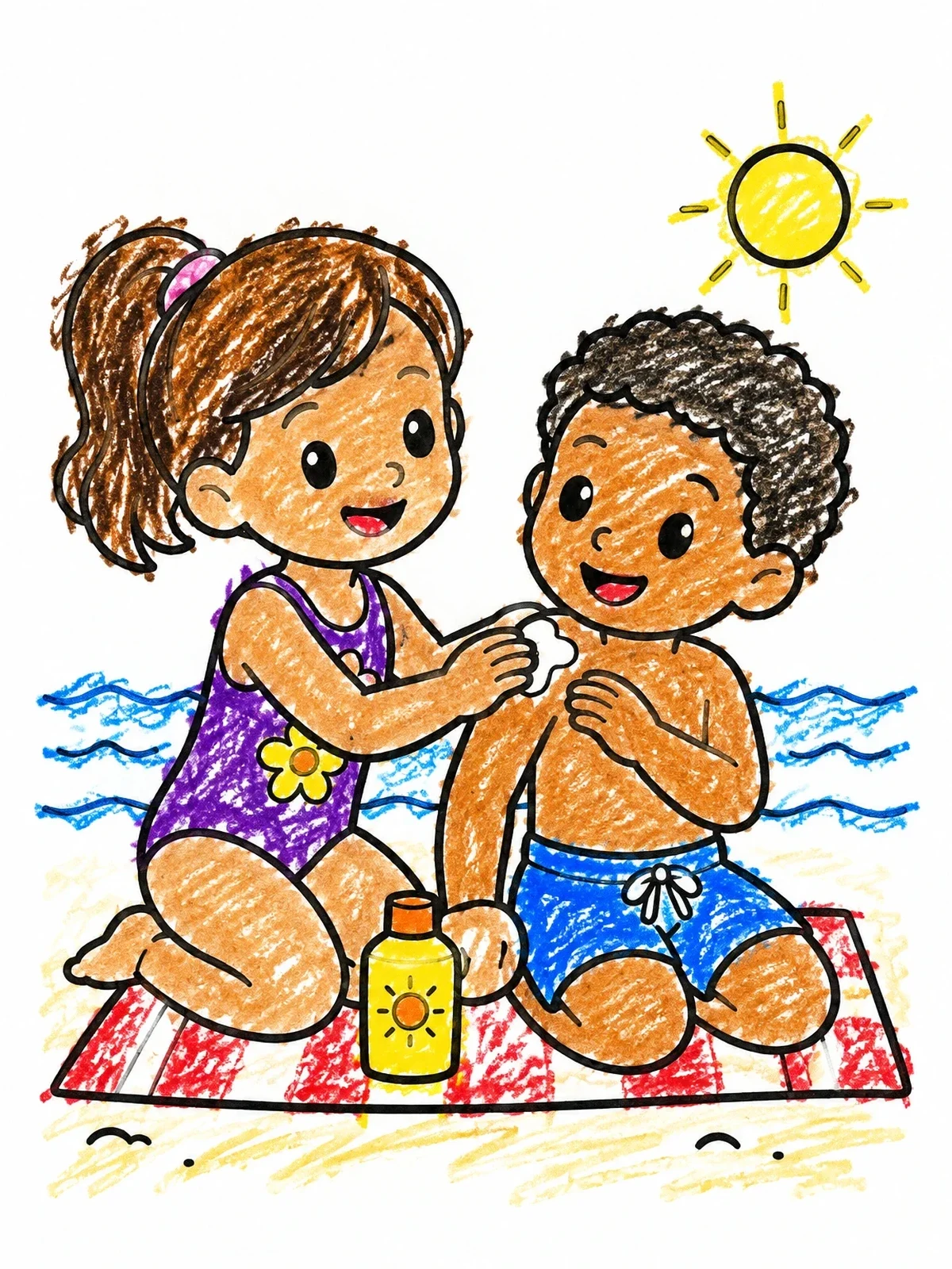 Colored example of the Kids Applying Sunscreen At Beach coloring page