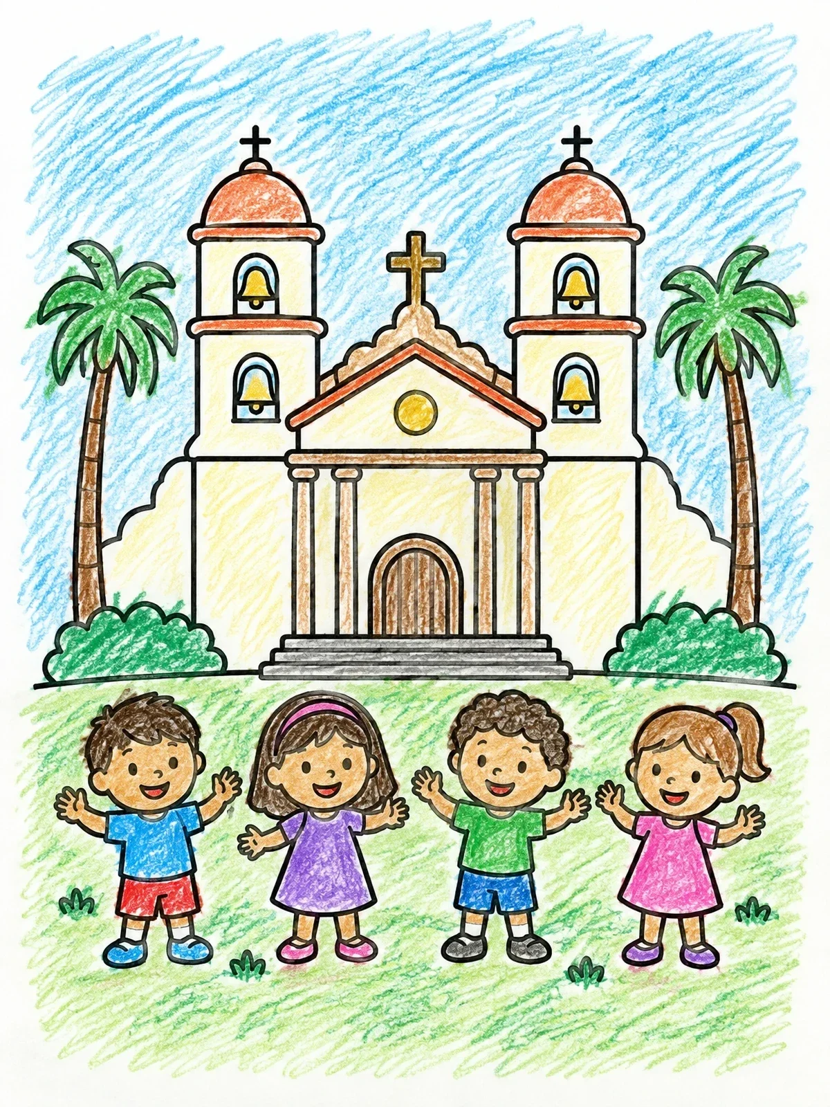 Colored example of the Happy Children At Santa Barbara Mission coloring page