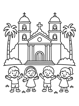 Free printable Happy Children At Santa Barbara Mission coloring page