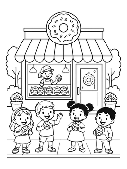 Kids holding sweet treats outside a shop in this donut coloring page.