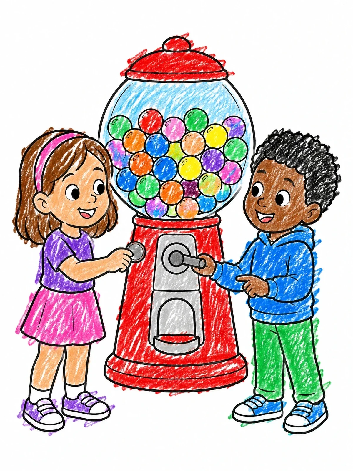 Colored example of the Kids At The Gumball Machine coloring page