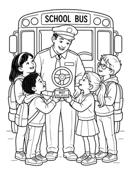 Kids give a steering wheel trophy in this bus driver coloring page with a school bus in the back.
