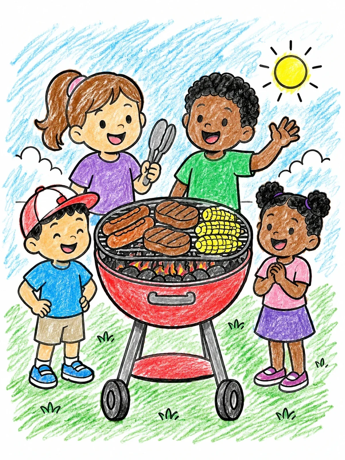 Colored example of the Kids Having A Backyard Barbecue coloring page