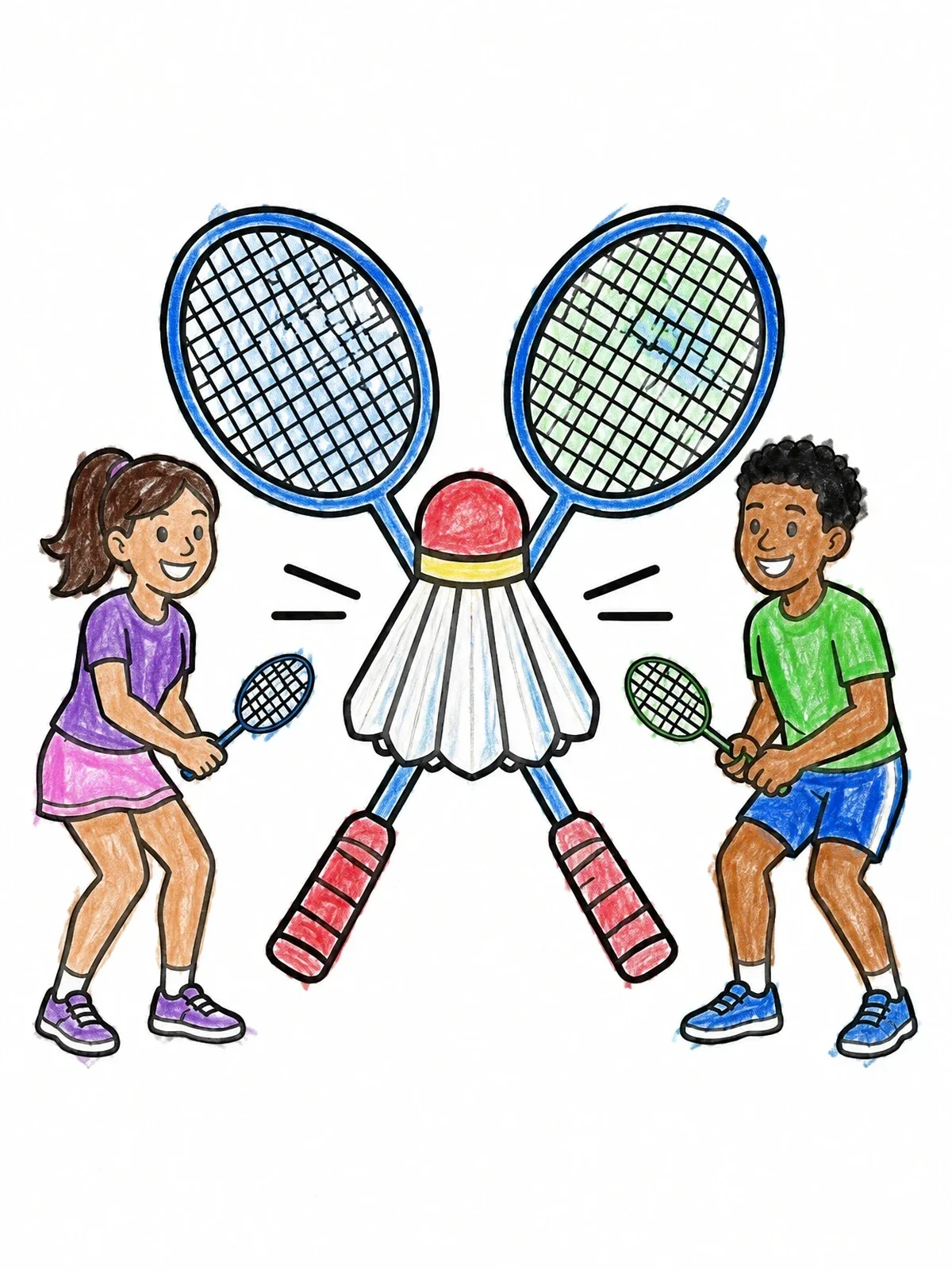 Colored example of the Kids Playing Badminton With Giant Rackets coloring page