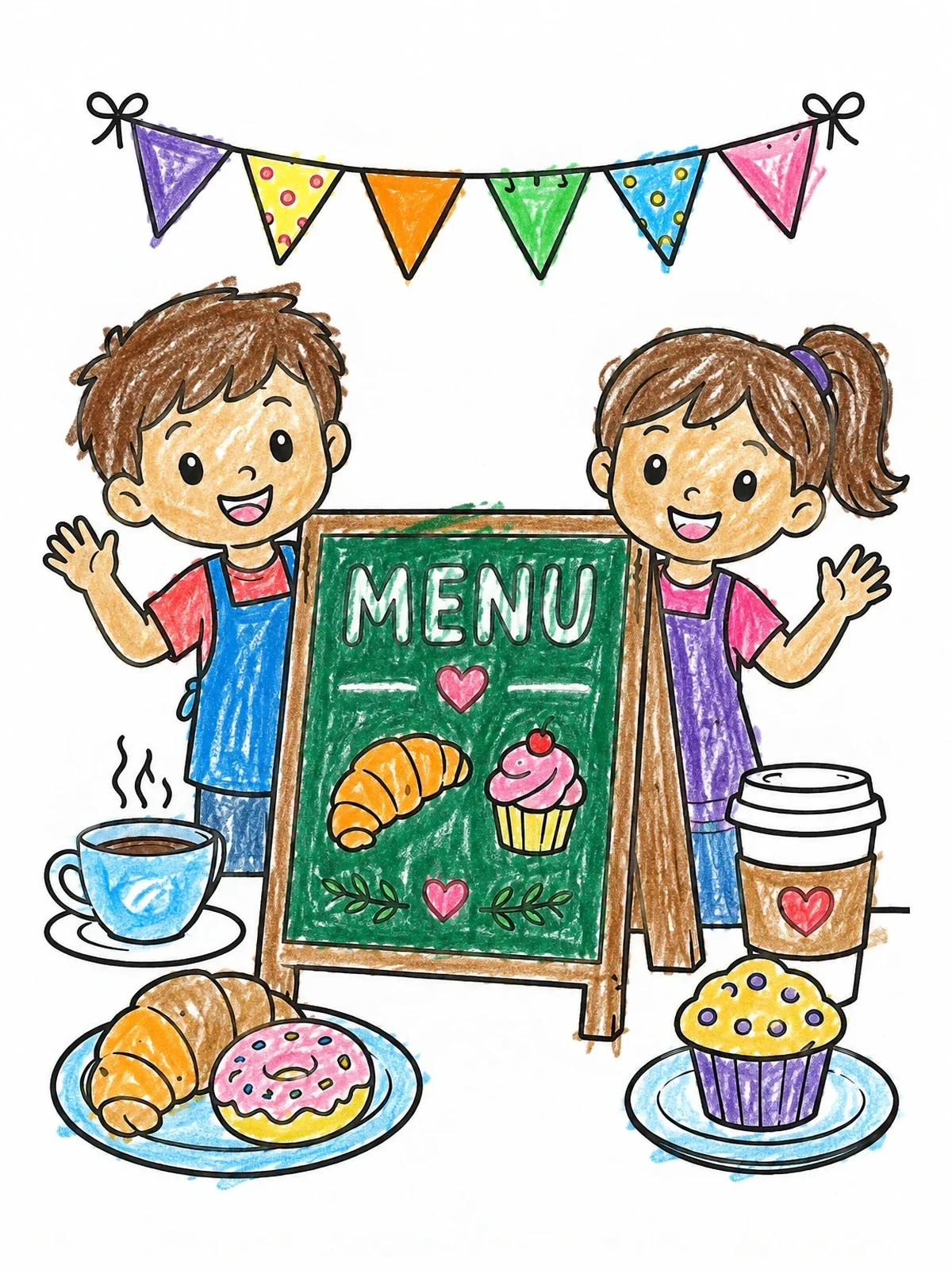 Colored example of the Kids Bakery Chalkboard Menu Stand coloring page