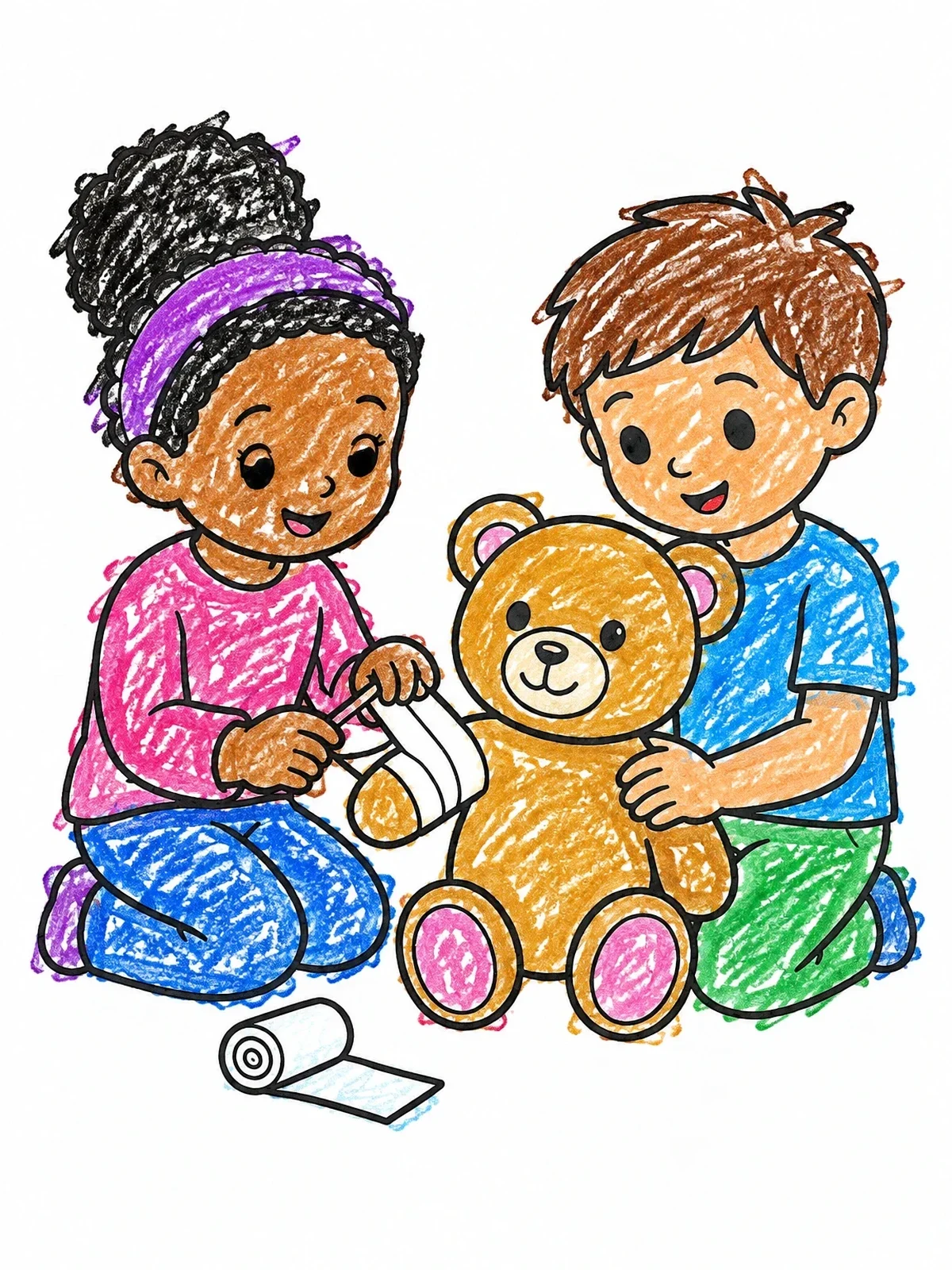 Colored example of the Children Bandaging A Teddy Bear coloring page