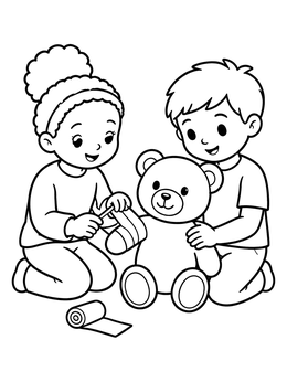 Free printable Children Bandaging A Teddy Bear coloring page
