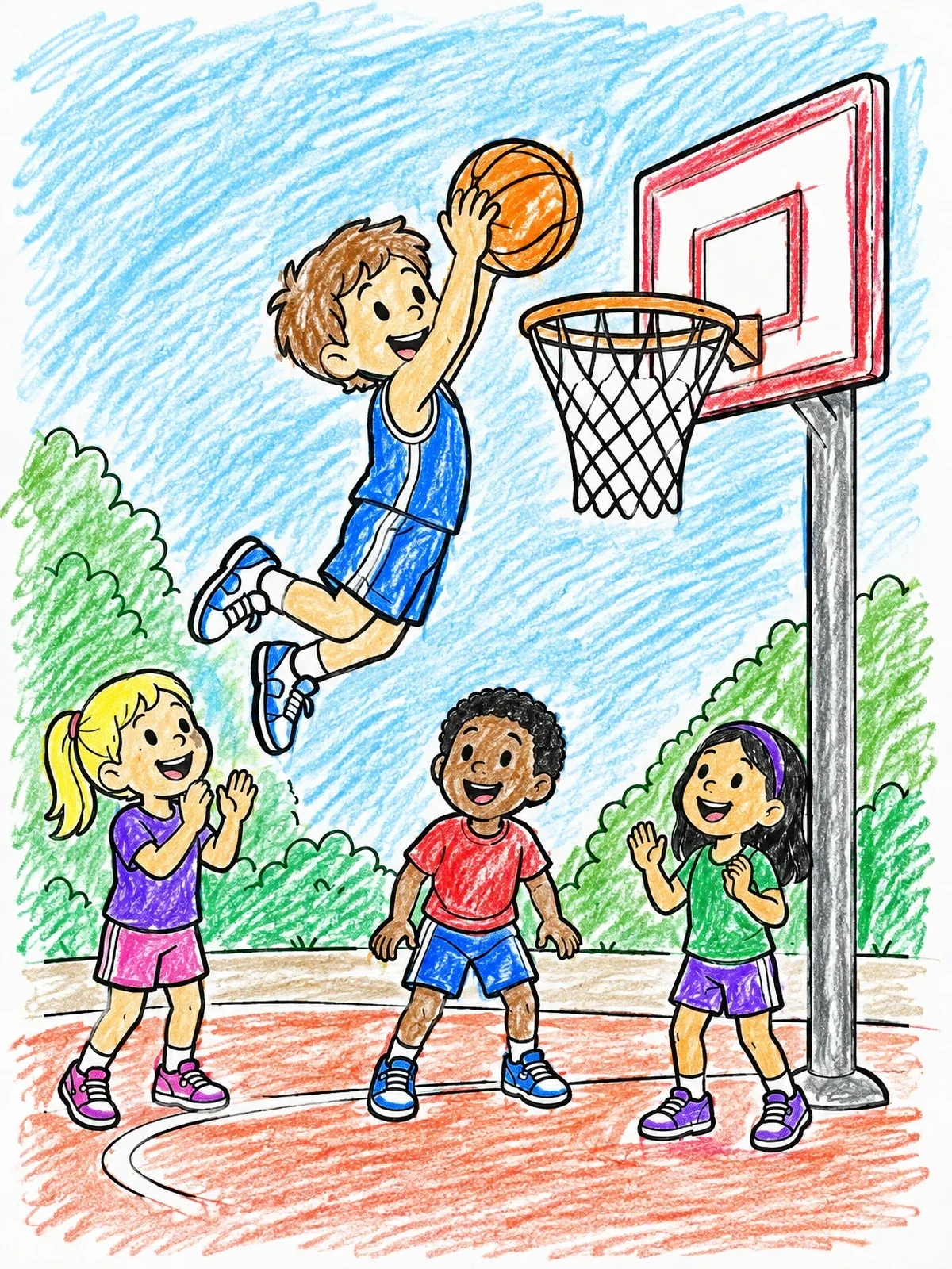 Colored example of the Kids Playing Basketball Slam Dunk coloring page