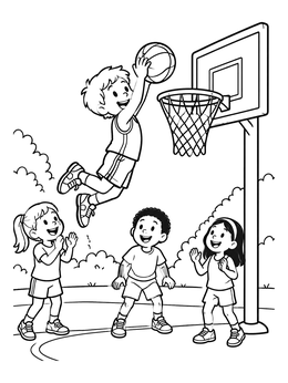 Free printable Kids Playing Basketball Slam Dunk coloring page