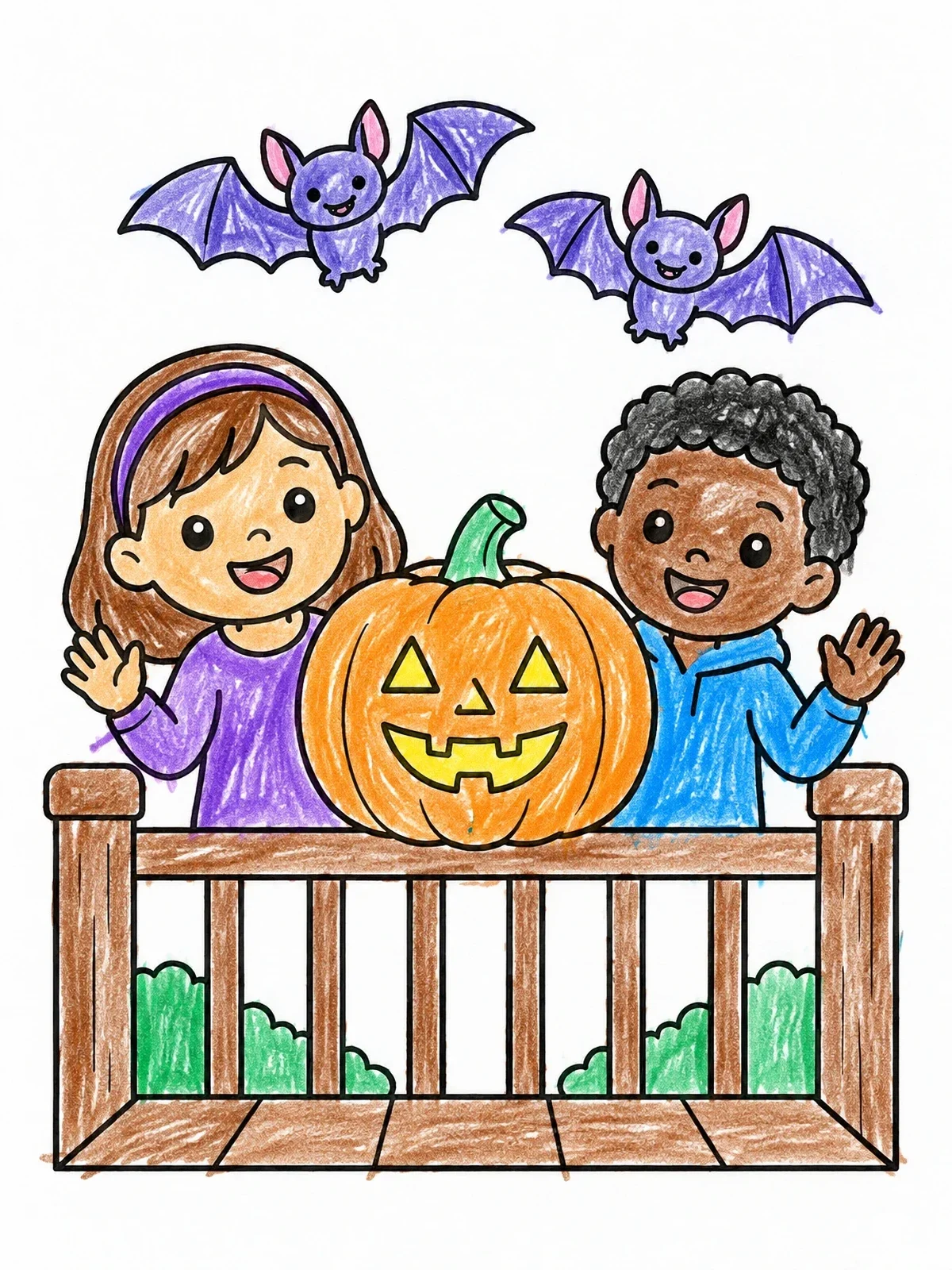 Colored example of the Bats Flying Over Porch Pumpkin coloring page