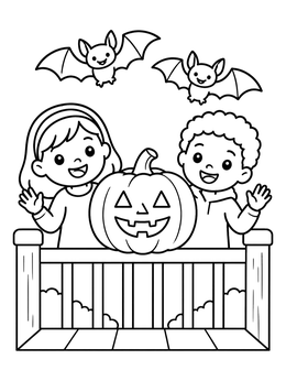 Kids with a carved pumpkin enjoy a halloween bat coloring page scene.