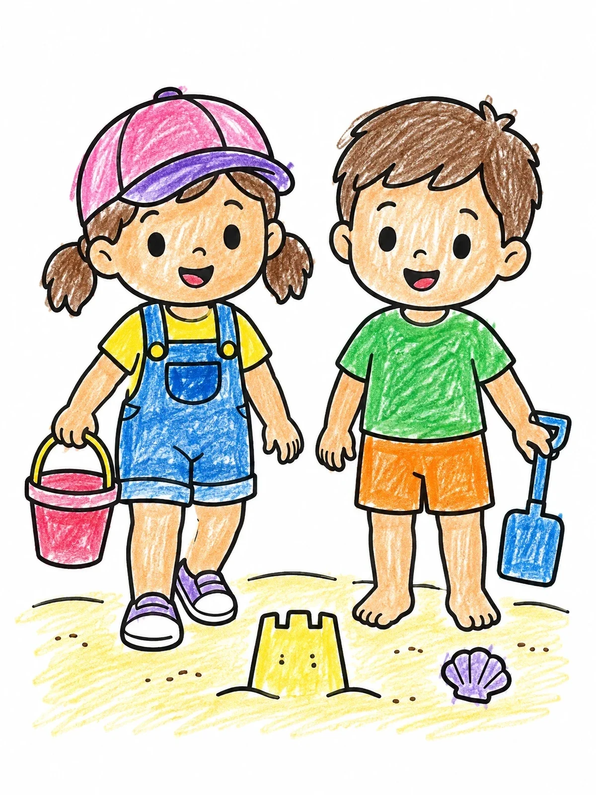 Colored example of the Kids At The Beach In Summer Clothes coloring page