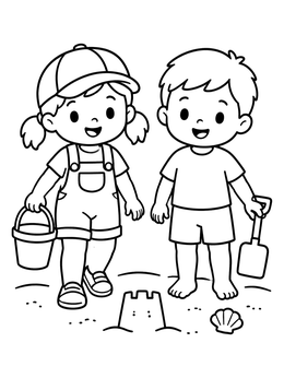 Free printable Kids At The Beach In Summer Clothes coloring page