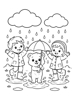 Free printable Children And Bear In Rainy Puddles coloring page