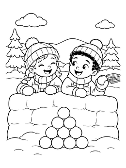 Free printable Children Behind A Snow Fort coloring page