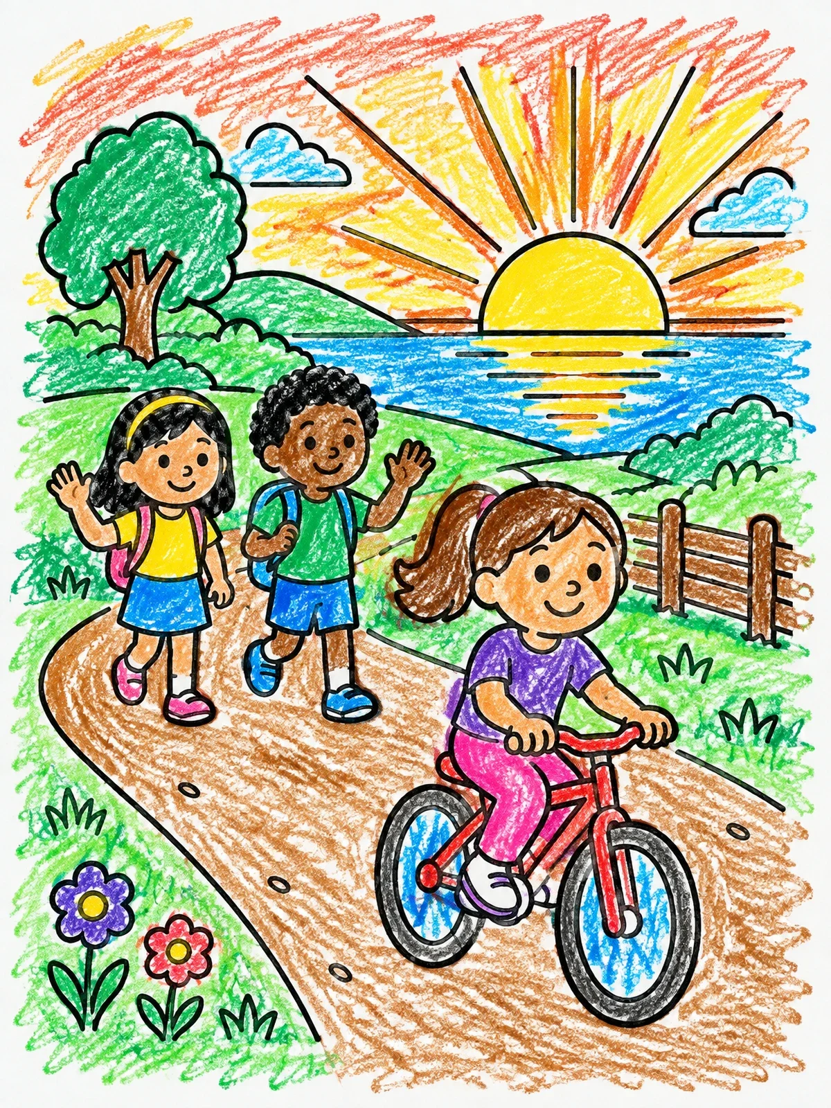 Colored example of the Children On Country Path At Sunset coloring page