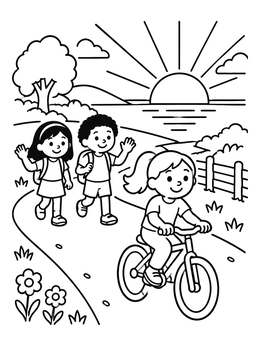 Free printable Children On Country Path At Sunset coloring page