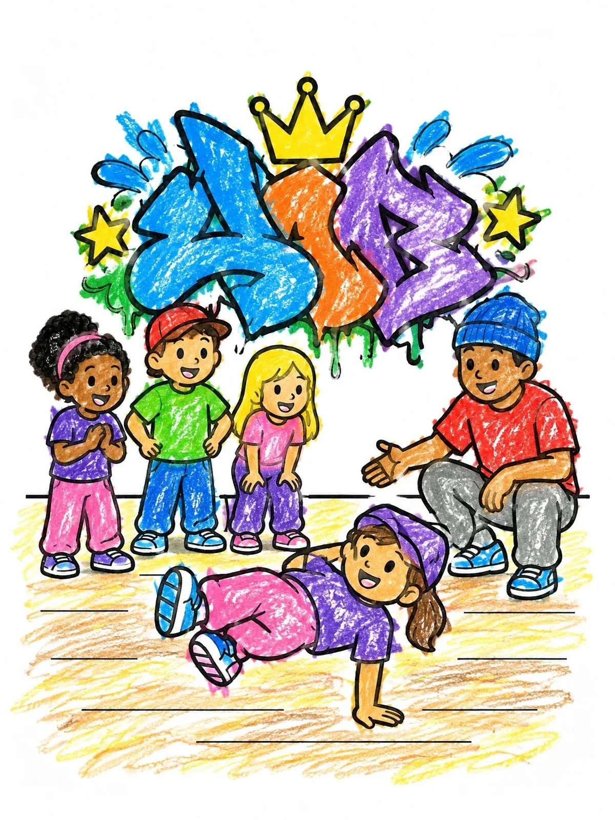 Colored example of the Kids Breakdance Class In Front Of Graffiti coloring page