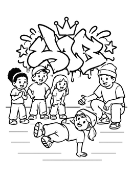 Free printable Kids Breakdance Class In Front Of Graffiti coloring page