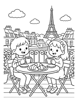 Free printable Kids Having Breakfast In Paris coloring page
