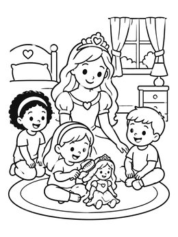 Kids brushing a doll's hair in this princess coloring page with a friendly royal guest.