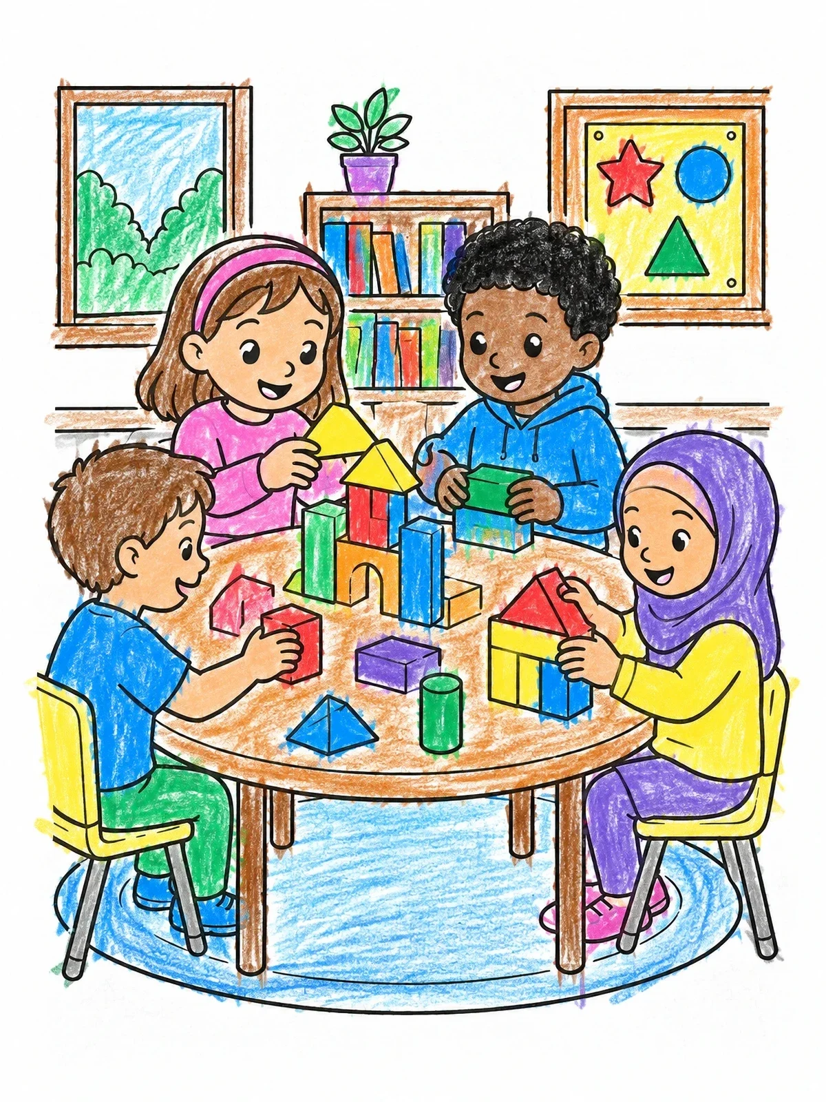 Colored example of the Children Building With Blocks In Classroom coloring page