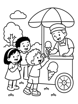 Happy kids at a cart in an ice coloring page.