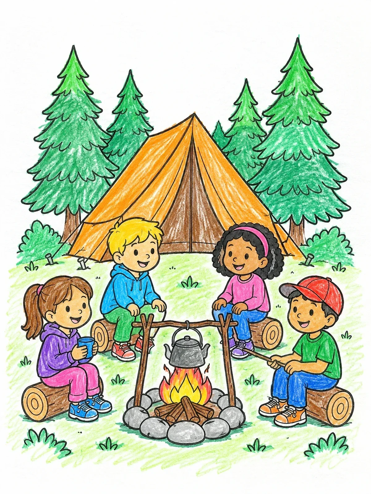 Colored example of the Kids Camping By The Campfire coloring page