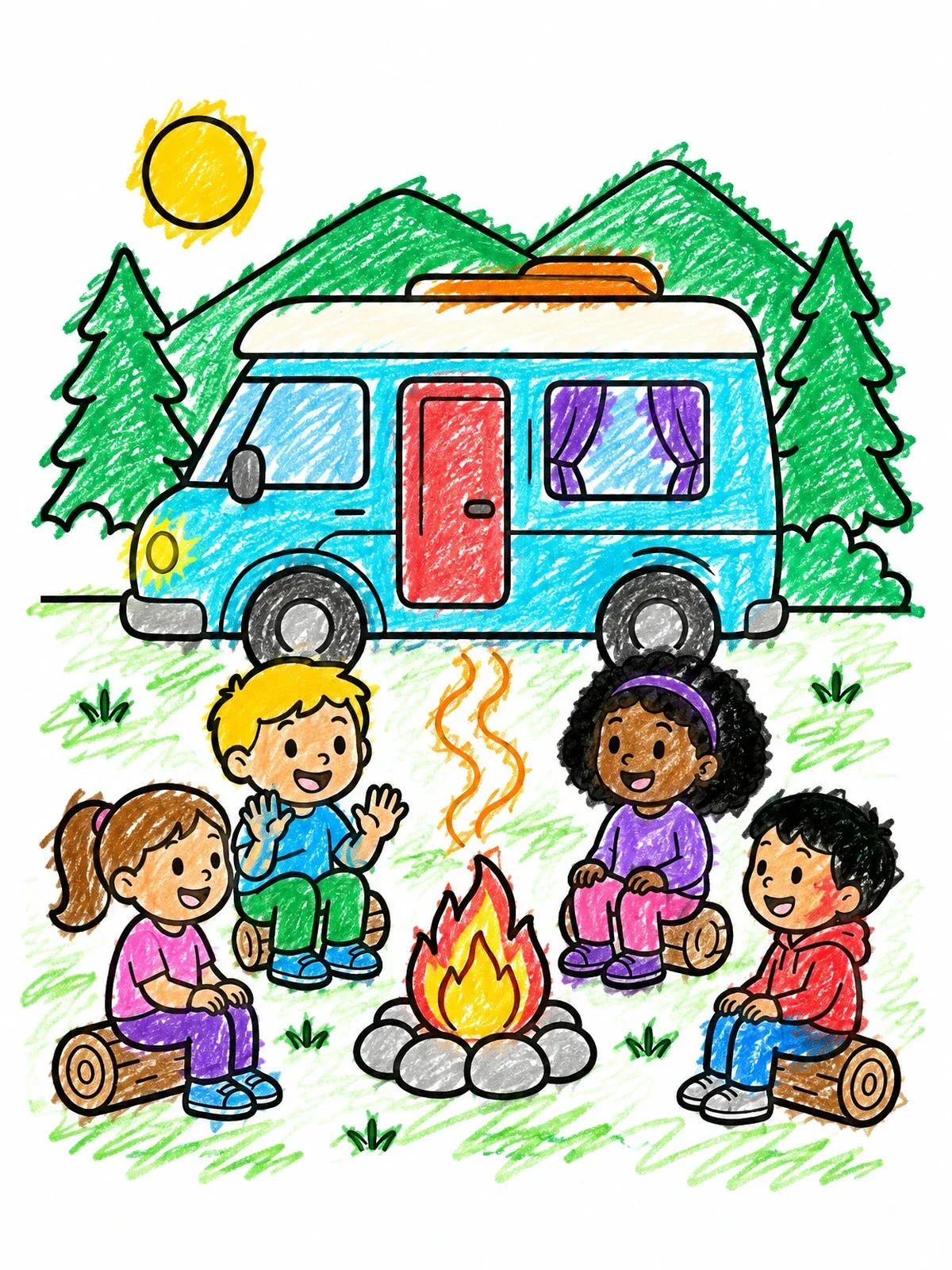 Colored example of the Children Camping By The Camper Van coloring page