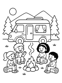 Free printable Children Camping By The Camper Van coloring page