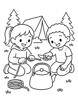 A friendly boy and girl preparing rope by a tent in this knife coloring page.