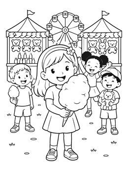 Children enjoying carnival games in this cotton candy coloring page.