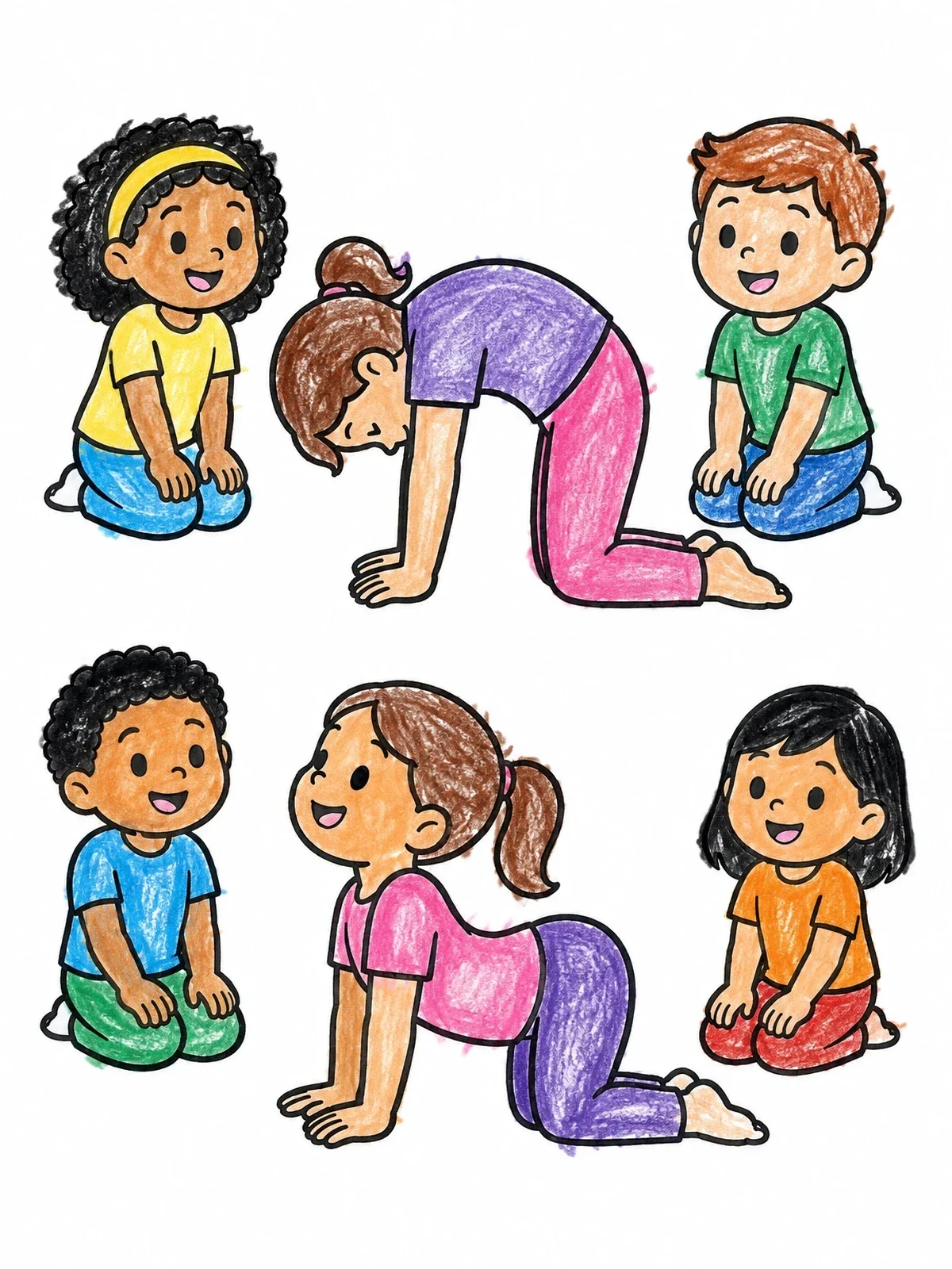 Colored example of the Kids Practicing Cat And Cow Poses coloring page