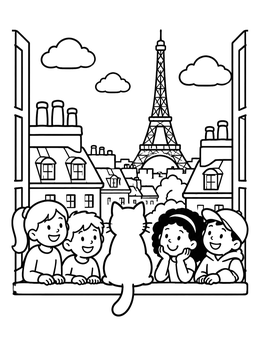 Free printable Children And Cat Overlooking Paris coloring page