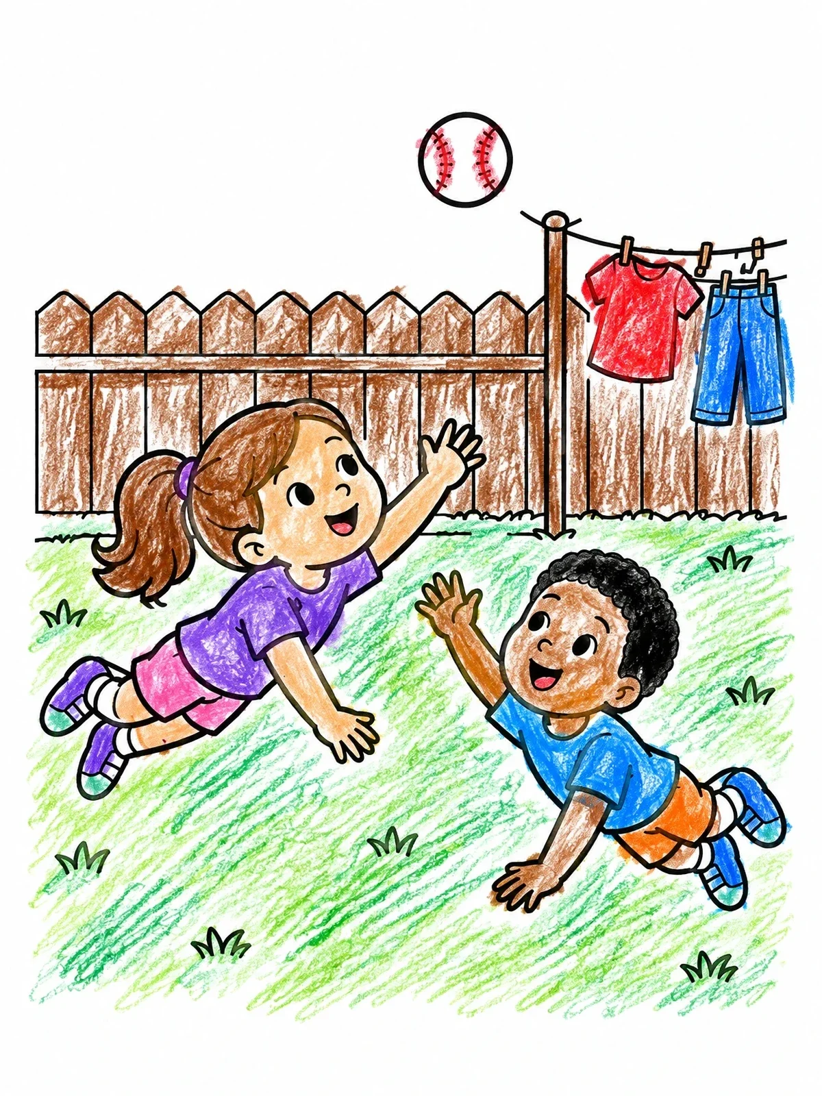 Colored example of the Kids Catching Fly Ball In Backyard coloring page