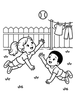 Free printable Kids Catching Fly Ball In Backyard coloring page