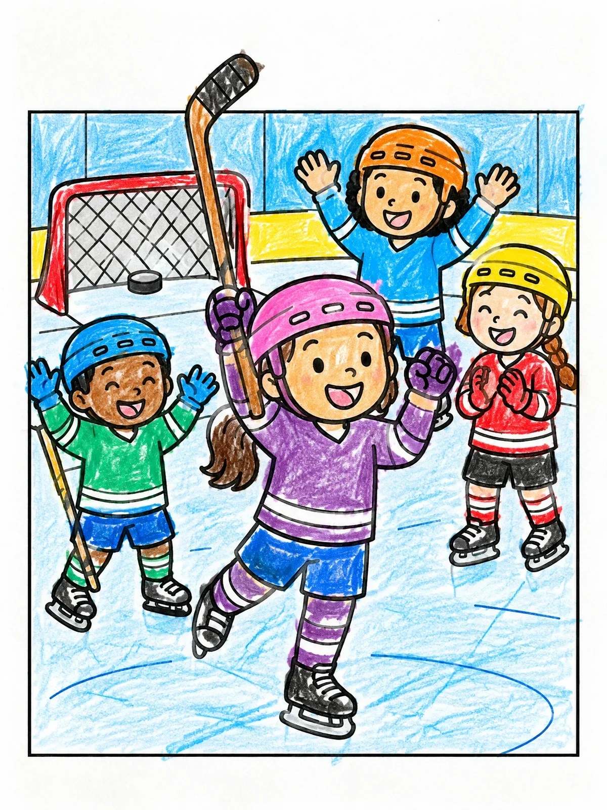 Colored example of the Kids Celebrating A Hockey Goal coloring page