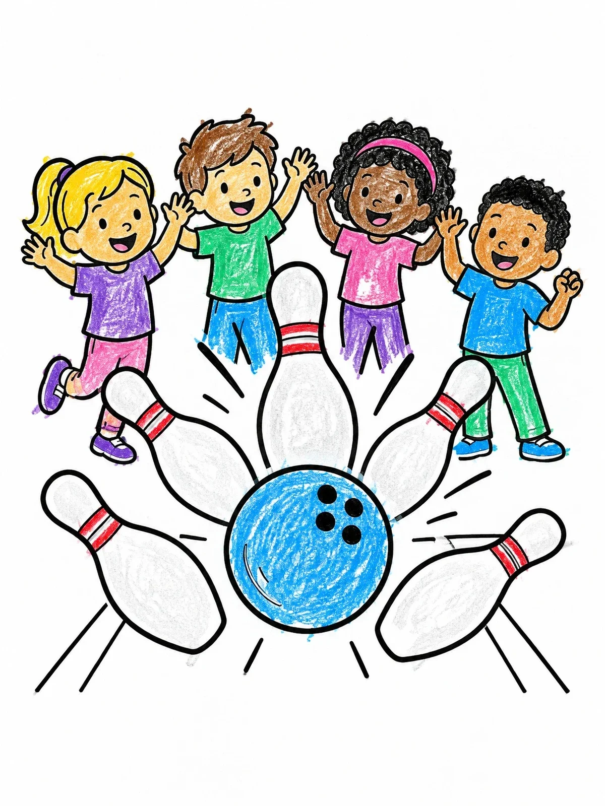 Colored example of the Kids Cheering Bowling Strike coloring page